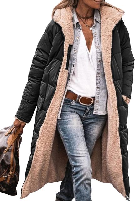 Vendbare lange pufferjakker i sherpa-fleece til kvinder