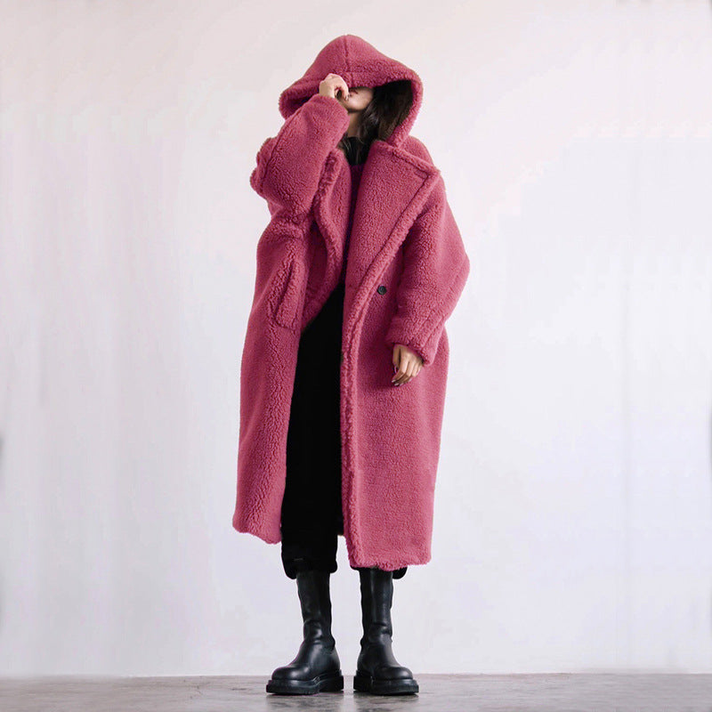 Oversized lang vinterfrakke i imiteret pels