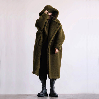 Oversized lang vinterfrakke i imiteret pels