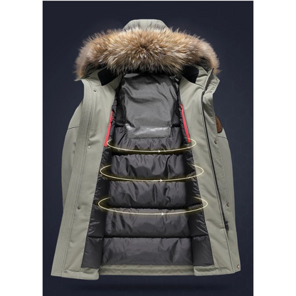 Parka vinterfrakke til mænd med pelshætte og vindtæt materiale