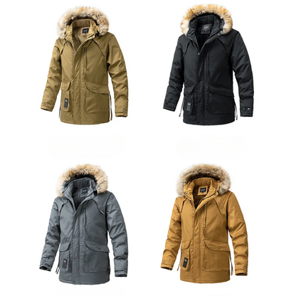 Parka vinterfrakke til mænd med pelshætte og lynlåslommer