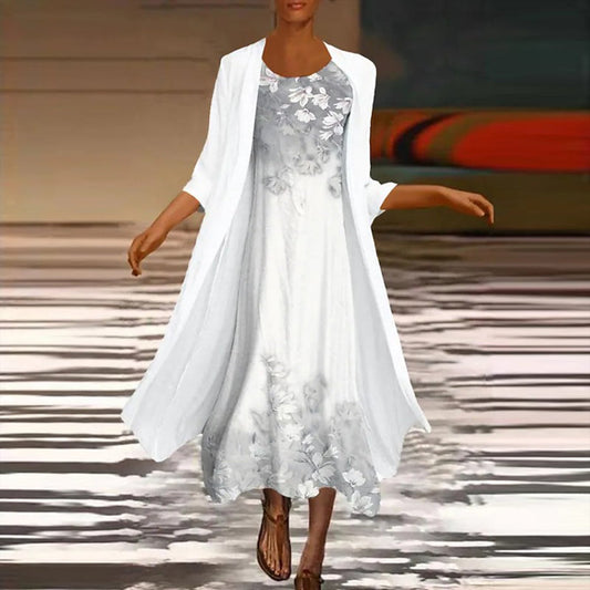 Elegant lang kjole med bluse og jakke til kvinder