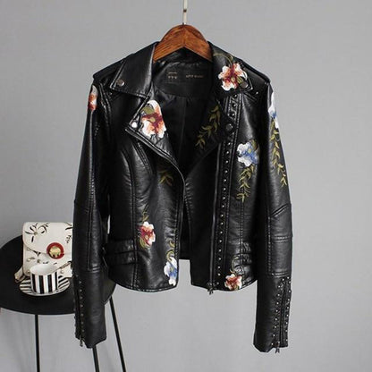 Læderjakke med blomster i punk-stil til kvinder