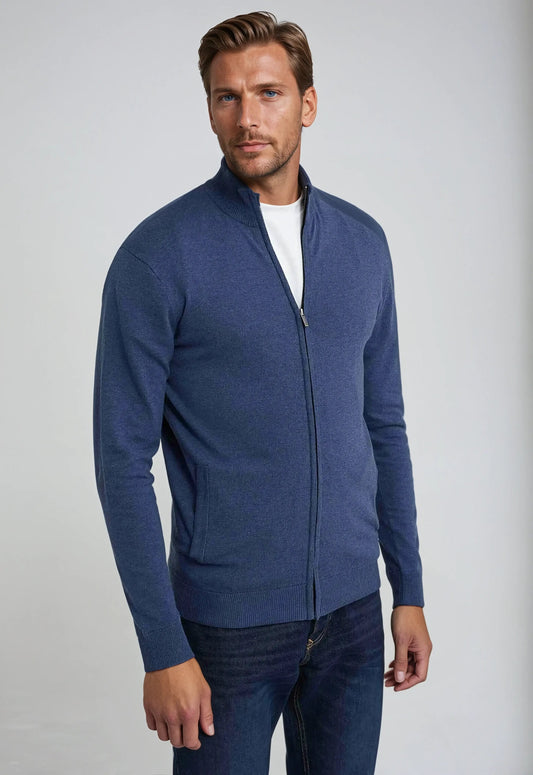 Blå herre-sweater med fuld lynlås