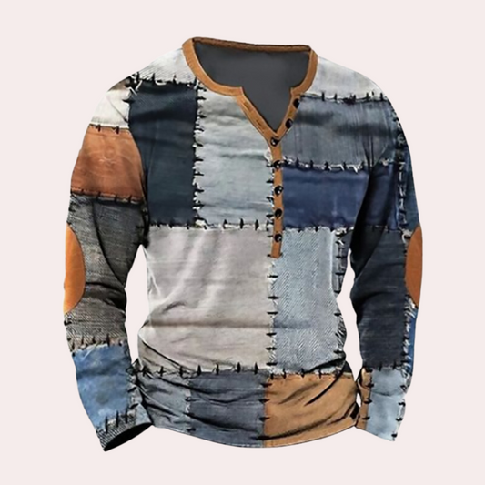 Langærmet Patchwork Henley-skjorte til mænd