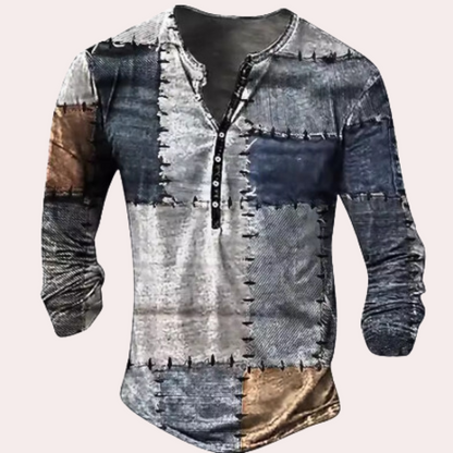 Langærmet Patchwork Henley-skjorte til mænd