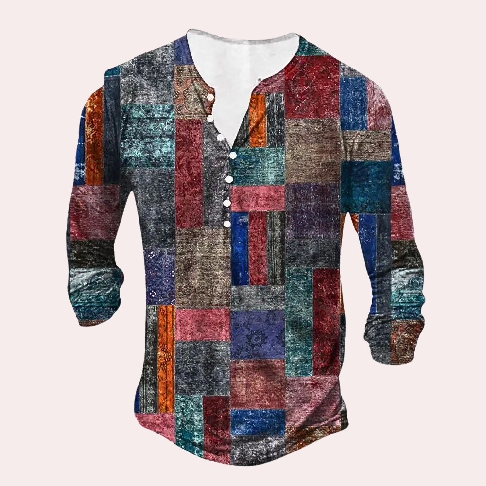 Langærmet Patchwork Henley-skjorte til mænd