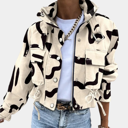 Cropped jakke med abstrakt print til kvinder