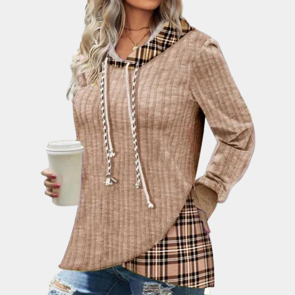 Colorblock-hættetrøje med ternet print til kvinder