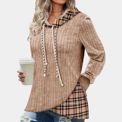 Colorblock-hættetrøje med ternet print til kvinder