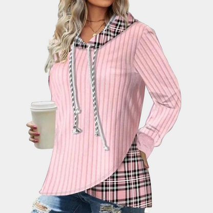 Colorblock-hættetrøje med ternet print til kvinder