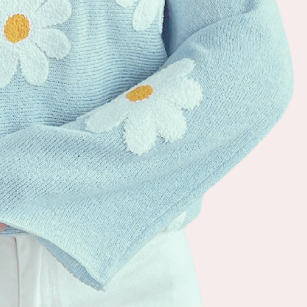 Blomstret sweater med V-halsbroderi