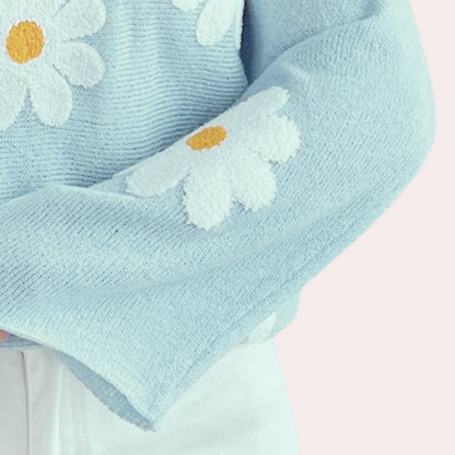Blomstret sweater med V-halsbroderi