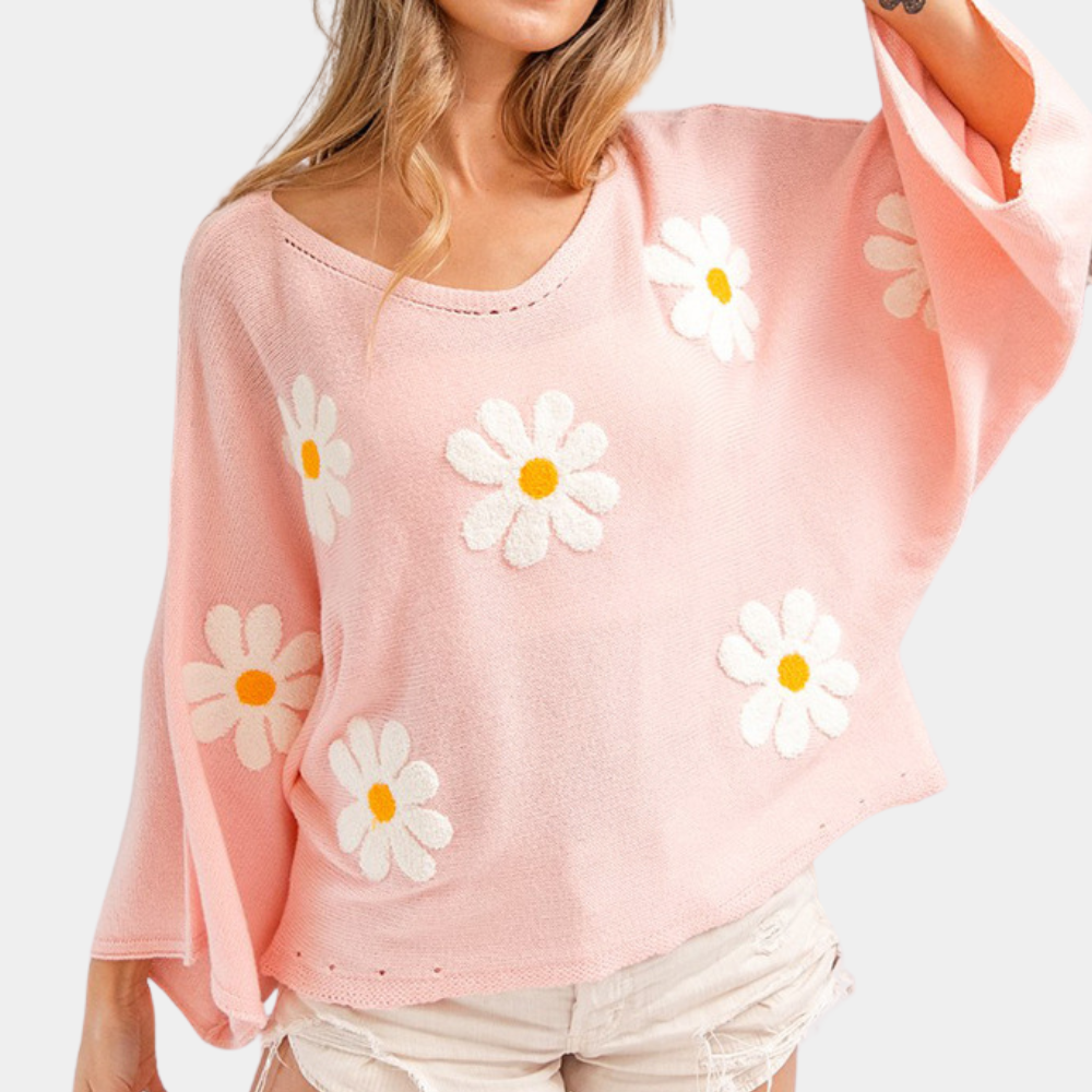 Blomstret sweater med V-halsbroderi