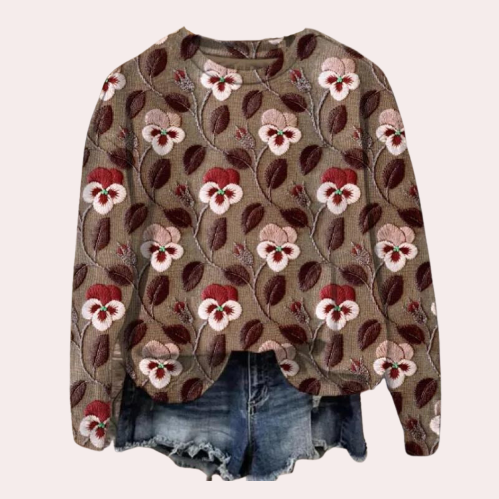 Langærmet striktrøje med blomsterbroderi