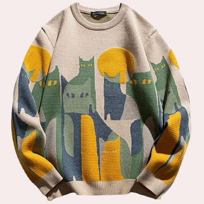Strikket sweater med katteprint