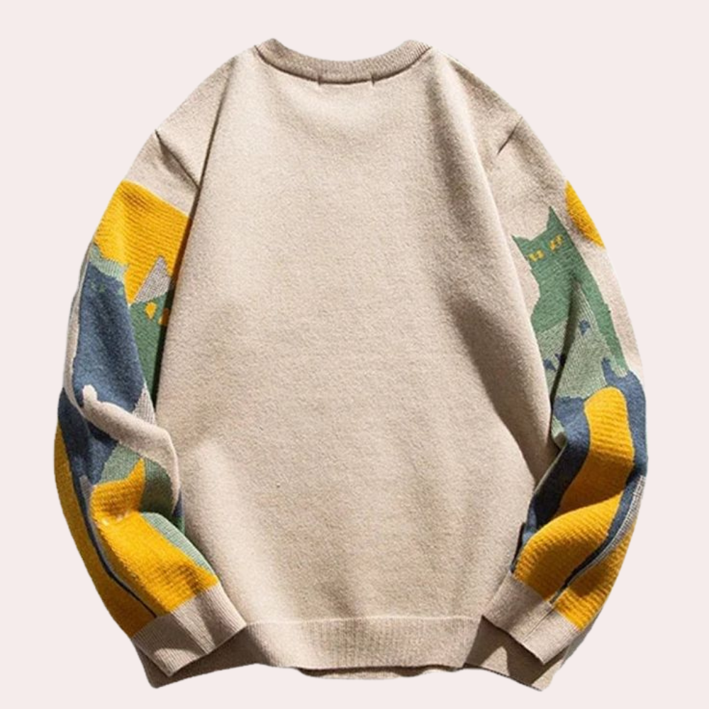 Strikket sweater med katteprint