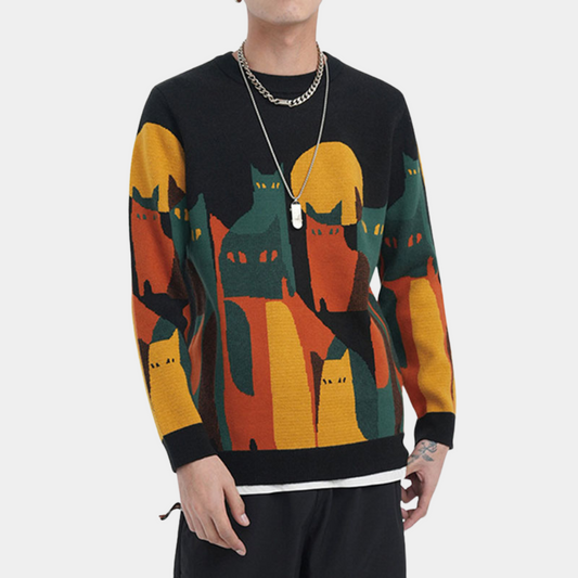 Strikket sweater med katteprint