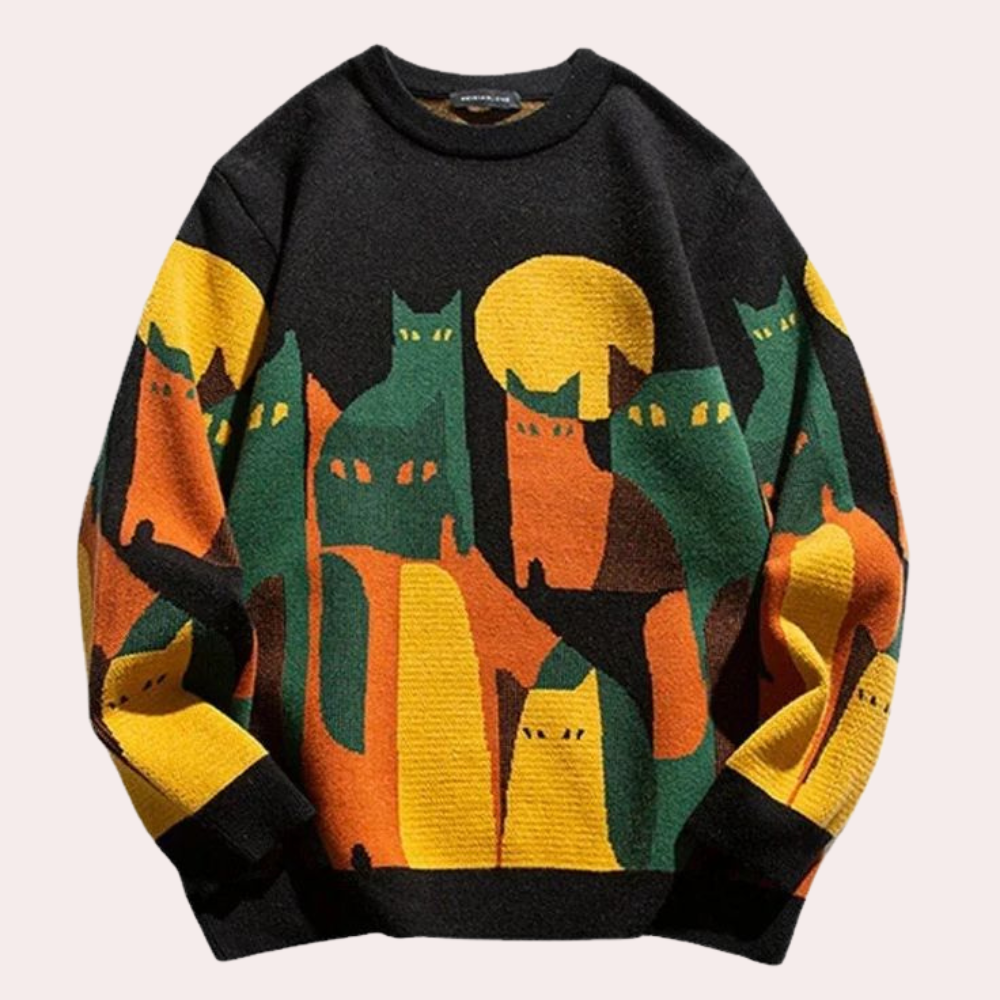 Strikket sweater med katteprint