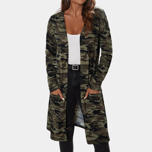 Lang frakke med camouflageprint til kvinder