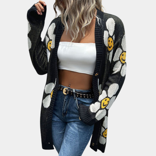 Strikket frakke med smiley-blomst