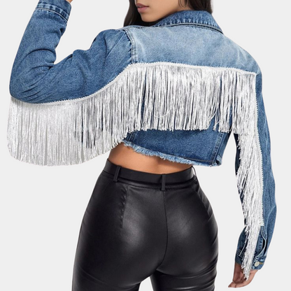 Cropped denimjakke med frynser til kvinder