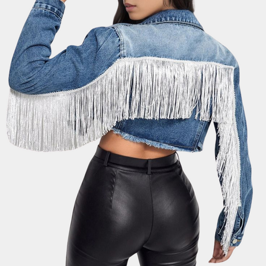 Cropped denimjakke med frynser til kvinder