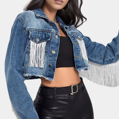 Cropped denimjakke med frynser til kvinder