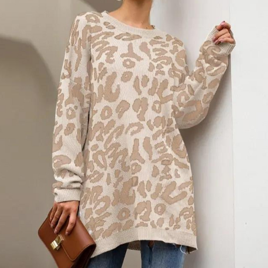 Strikket lang sweater med leopardprint til kvinder