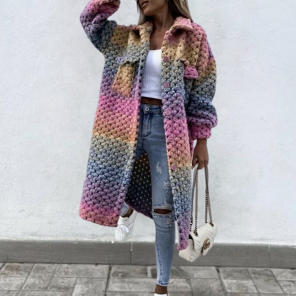 Farverigt print flettet twist lang vinterfrakke