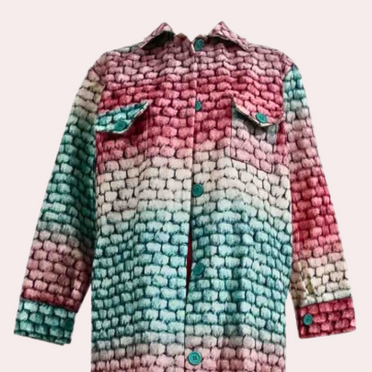 Farverigt print flettet twist lang vinterfrakke