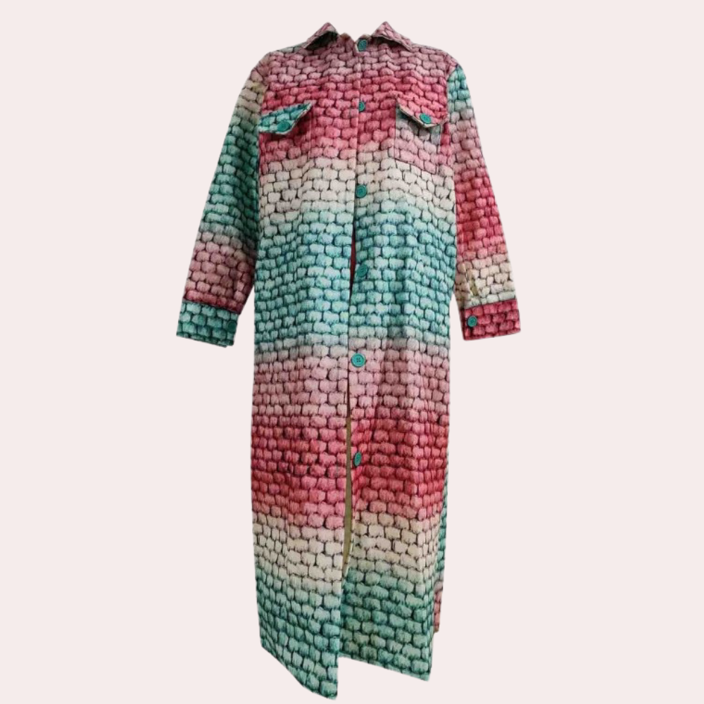 Farverigt print flettet twist lang vinterfrakke