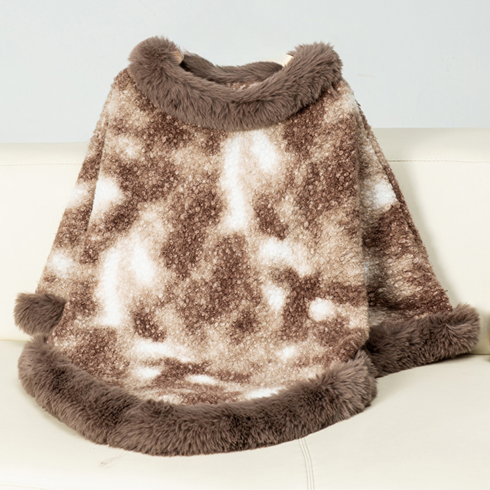Strikket kappe med uldkrave og leopardprint