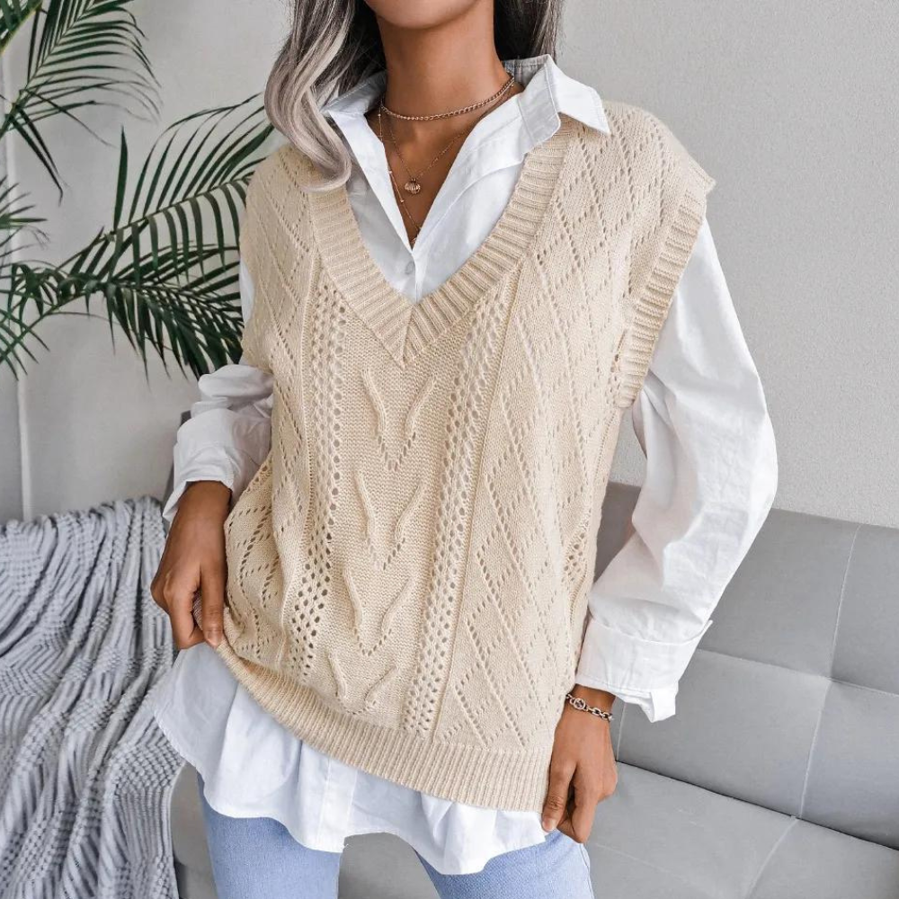 Kabelstrikket sweater med V-hals Vest
