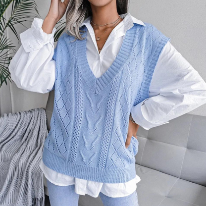 Kabelstrikket sweater med V-hals Vest