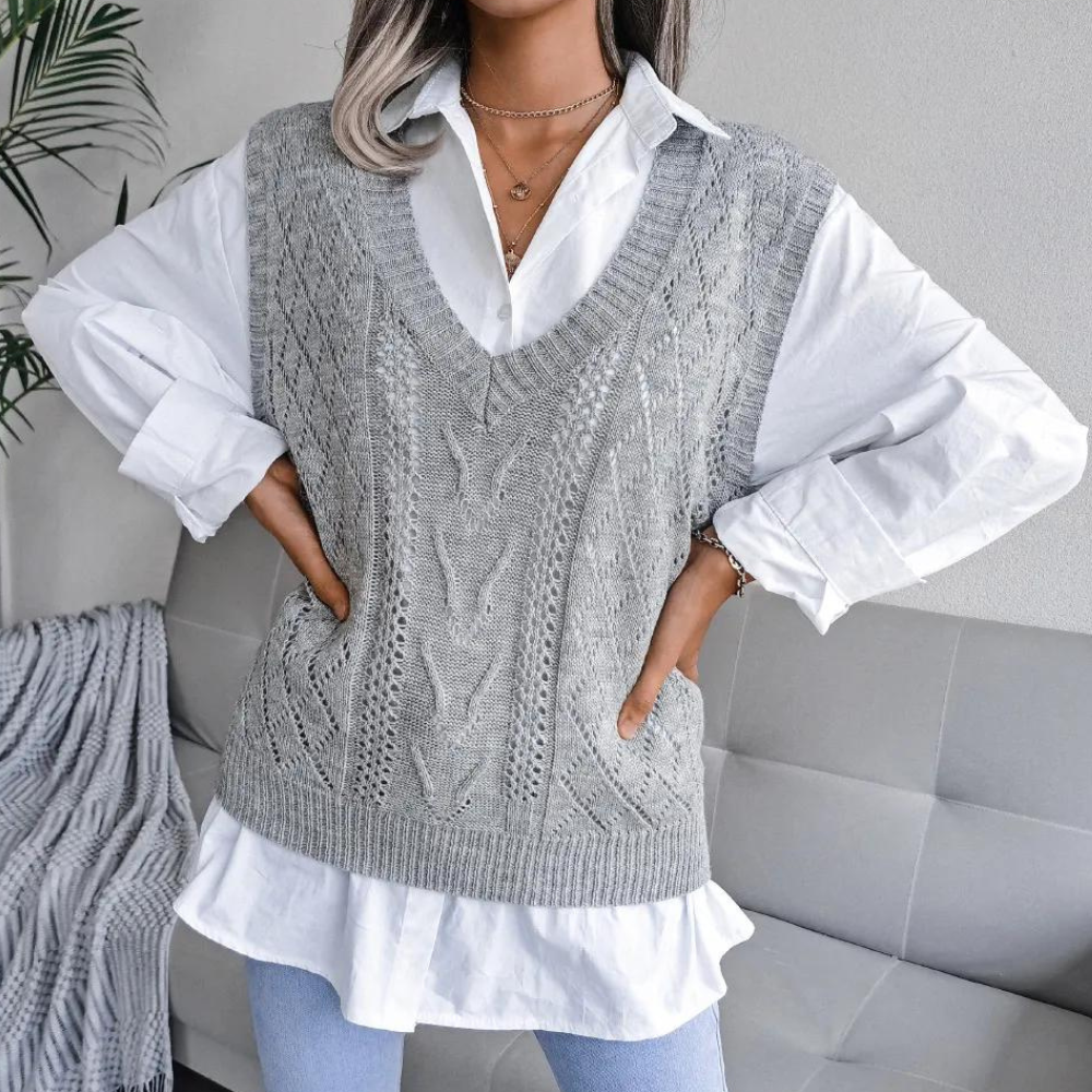 Kabelstrikket sweater med V-hals Vest