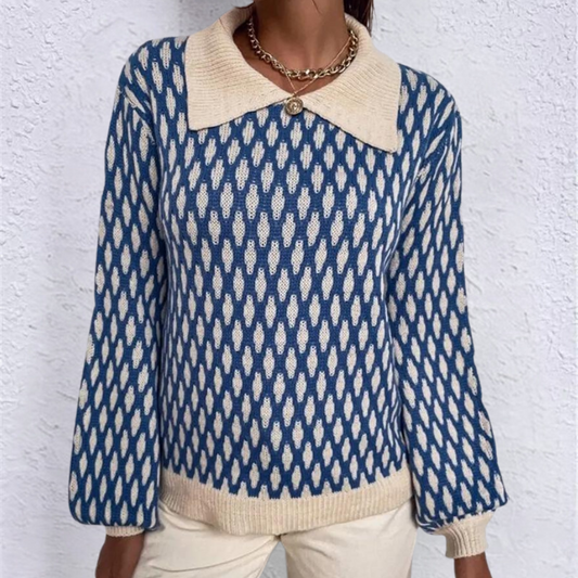 Lanterneærmet Jacquard-farvet sweater med revers