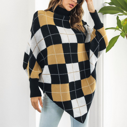 Plaid Turtleneck Poncho Sweater til kvinder