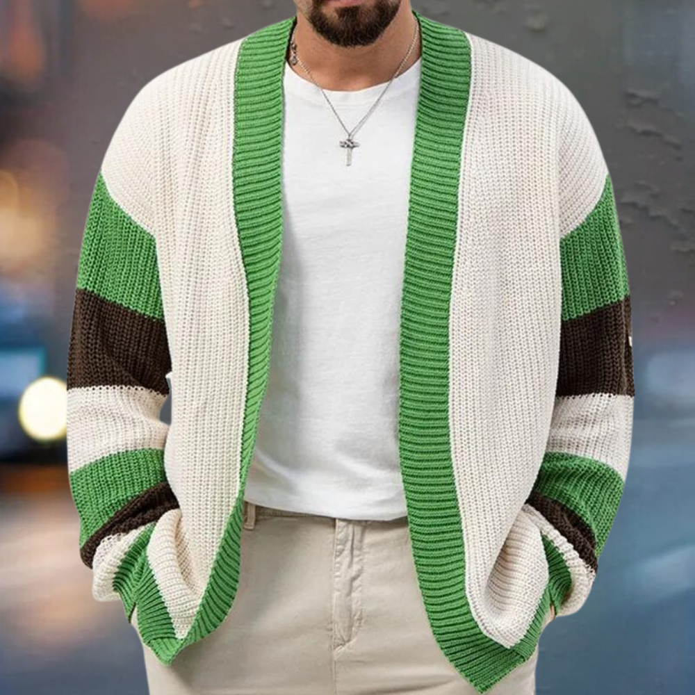 Stilfuld strikket cardigan til mænd med farveblokke