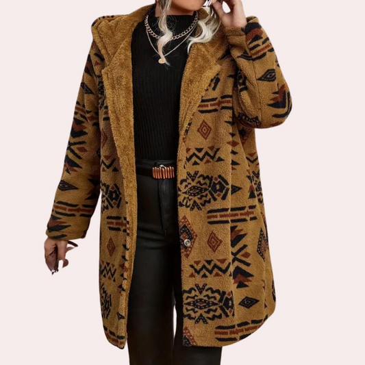 Camel fleecejakke med tribalprint