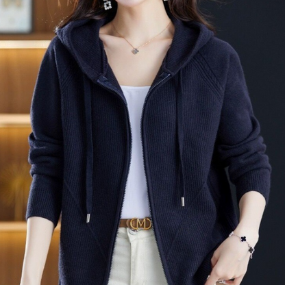 Ensfarvet hættetrøje med lynlås