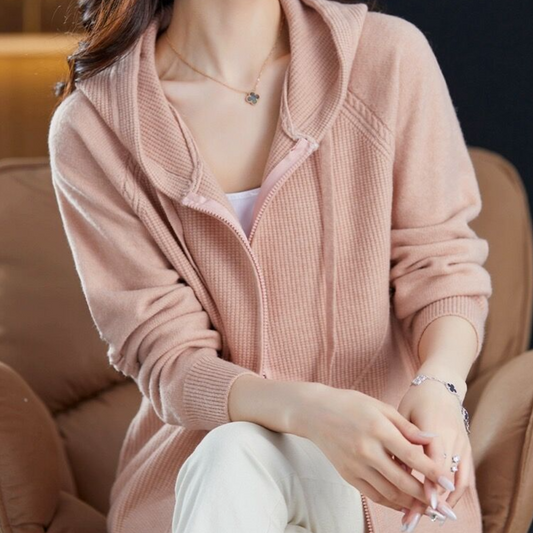 Ensfarvet hættetrøje med lynlås