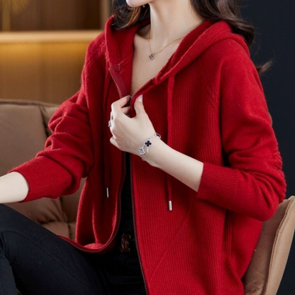 Ensfarvet hættetrøje med lynlås