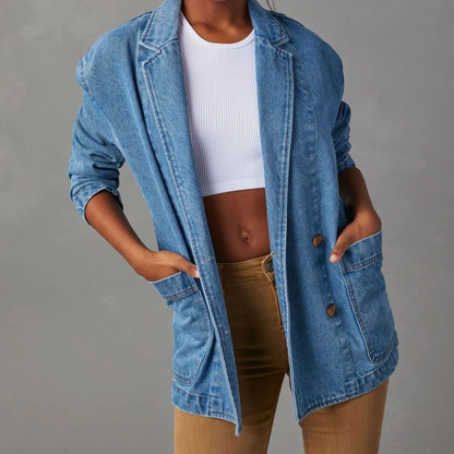 Patchwork denimjakke med jakkesætskrave