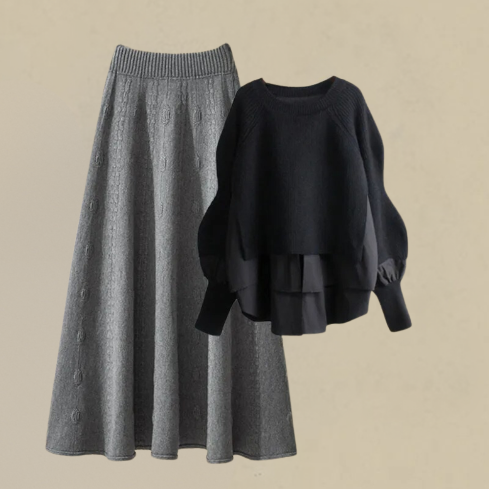 Dette todelte sæt med en strikket trøje og en halvlang nederdel