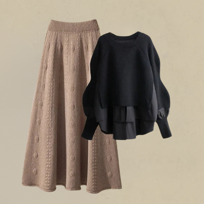 Dette todelte sæt med en strikket trøje og en halvlang nederdel