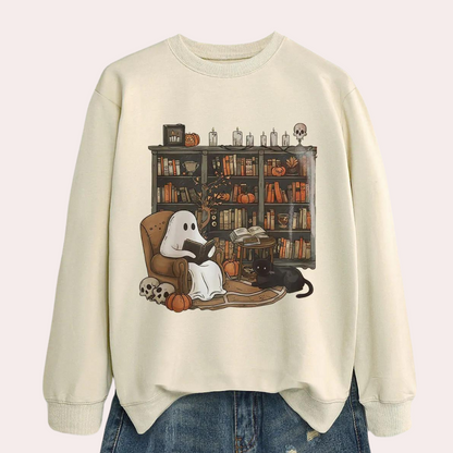 Sweater med print fra spøgelsesbiblioteket