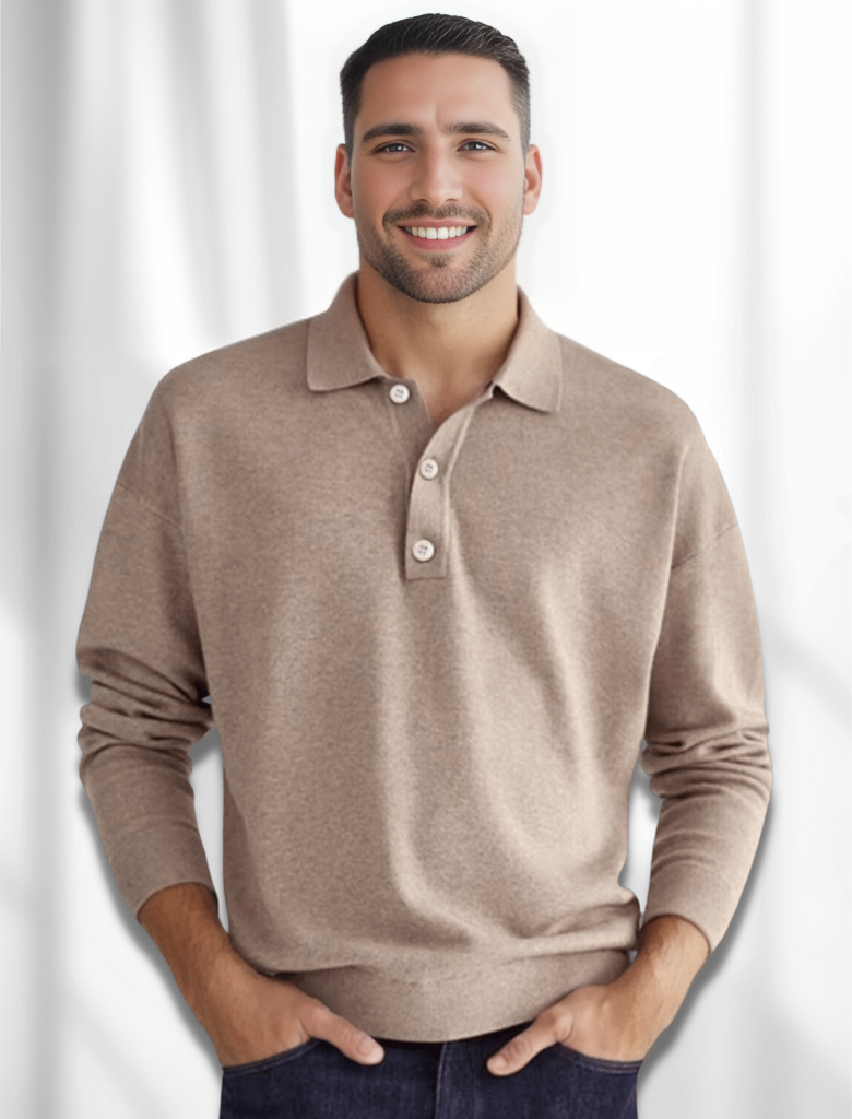 Langærmet poloshirt i merino-look til mænd