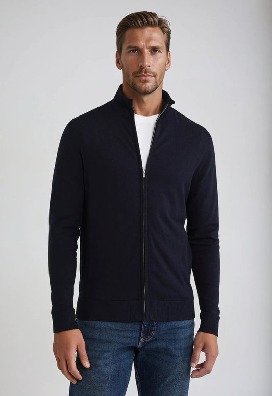 Marineblå herre-sweater med fuld lynlås