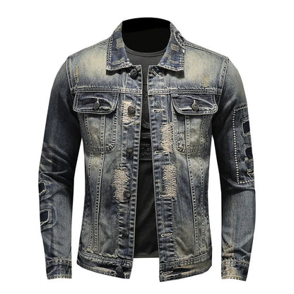 Grå patchwork med turn-down-krave og knap til denimjakker til mænd